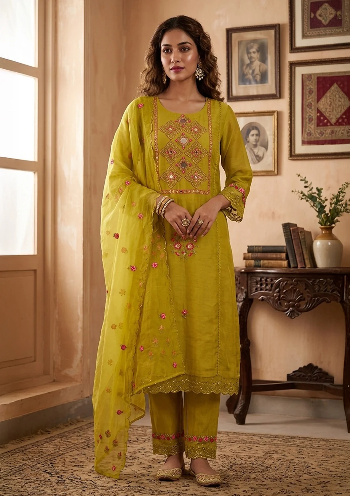 Mehendi Art Silk Threadwork A-Line Kurta With Pant Regular And Dupatta